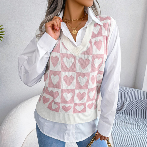 Chaleco De Punto Sweet Love Pattern Para Mujer Con Cuello En