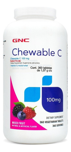Gnc Vitamina C Masticable 100 Mg Frutas, 360 Tabs