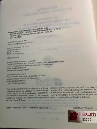Suplemento De Feum Para Farmacia Y Almacén. Farmacopea