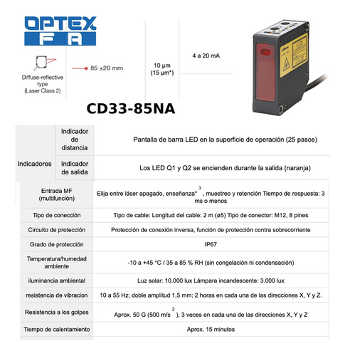 Sensor Difuso Miniatura Cd33-85na Clase2 Npn/4-20 Ma Optex
