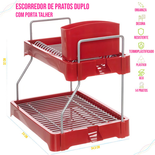 Escurridor de vajilla compacto con cable, soporte para cubiertos de color rojo