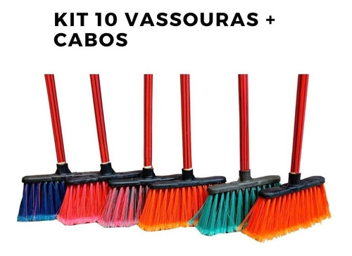 Kit Com 10 Vassouras Multiuso Com Cabo Limpeza Piso Esfregão