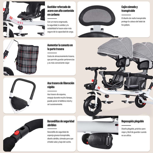 Triciclo Bicicleta Carriola Para Bebé En 1 Doble Asiento Con Toldo Ajustable Asiento Giratorio 360 Yuanxin Gris