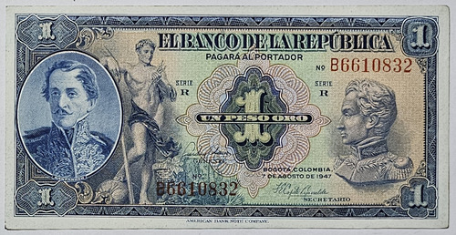 Billete 1 Peso 07/ago/1947 Prefijo B 7 Digitos Colombia Xf