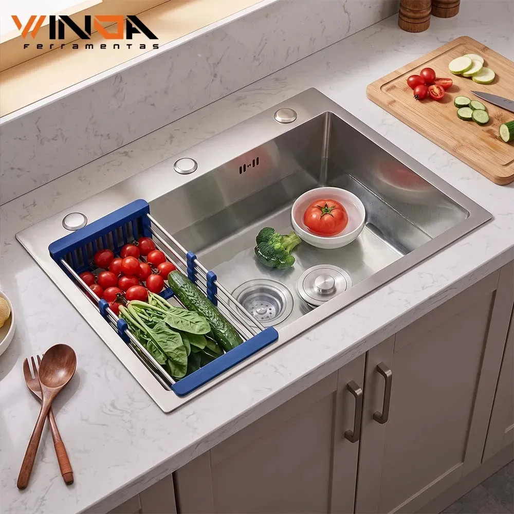 Cuba Gourmet Cozinha 60x45cm Aço Inox Escovado Com Escorredor Regulável E Dispenser De Detergente Prateado Winda