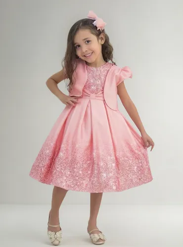 Vestido Rosa Glitter Infantil Com Bolero Casamento Formatura