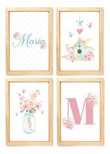 4 Quadros Decorativos Moldura E Vidro - Menina Aquarela Flor