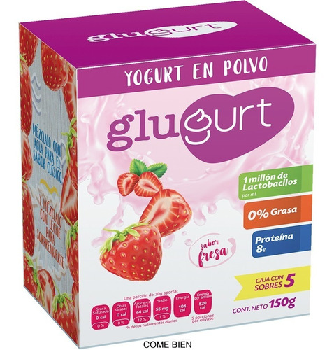 Glugurt Yogurt En Polvo Sabor Fresa Caja Con 5 Pociones