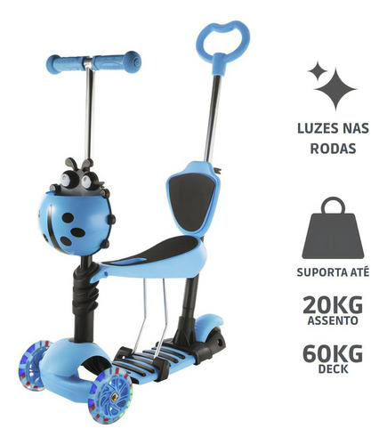 Carrinho Patinete Infantil 3 Rodas Joaninha Cesto 60kg Luz Cor Azul