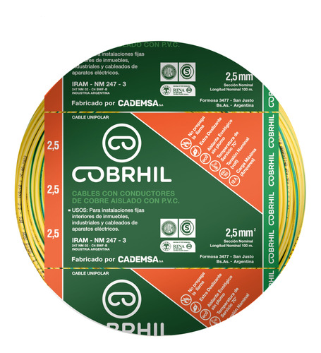 Cable Unipolar Normalizado Cobrhil 2.5 Mm Rollo 50 Mts