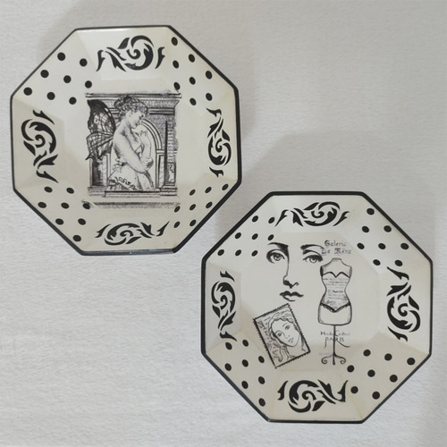 Set 2 Platos Pintados A Mano Artesanales Decorativos Blanco Byn