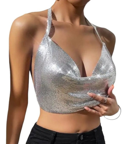 Crop Top Halter Para Mujer Top Corto Sexy Metalizado C5.