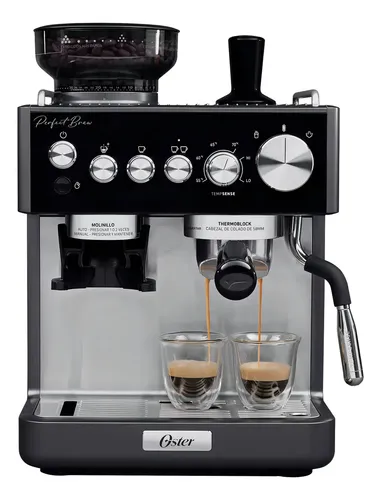 Oster Cafetera, Perfect Brew, De Espresso, Con Molinillo De Muelas, 30 Configuraciones De Molienda, Tubo De Vapor Tempsense, Porta Filtro De 58 Mm, Accesorios Incluidos, Bvstem7301 Gris