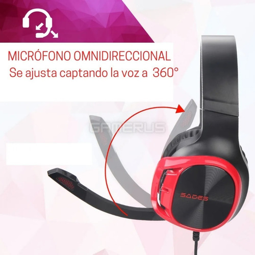 Imagen 5 de 9 de Auriculares Gamer Sades R17 Black And Red Pc Ps4