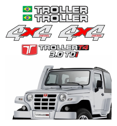 Kit Adesivos Emblema Troller T4 4x4 Diesel 3.0 Tdi 2012 Completo Carro Prata Trl09