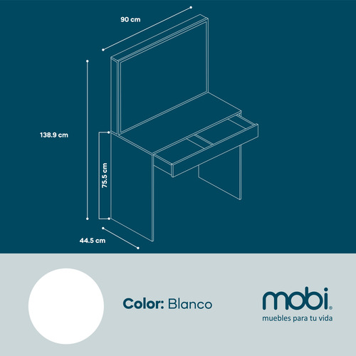 Mobi Tocador Madera Malala Blanco Largo 90cm Espejo 1 Cajón