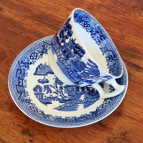 Taza Dúo Para Té Porcelana Willow Inglesa Wood Ware Antigua