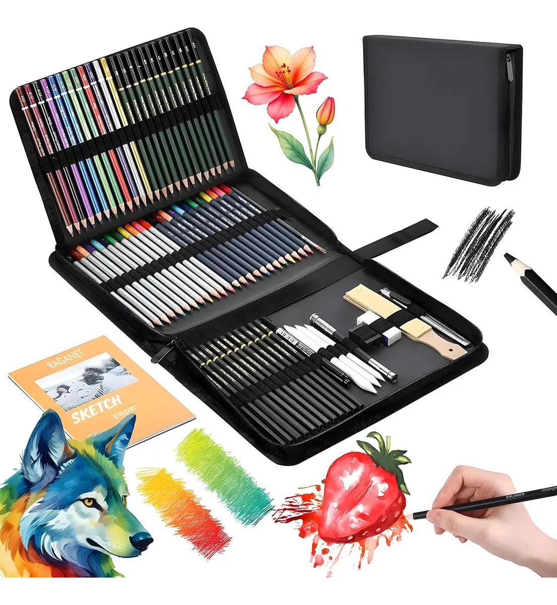 Kit De Dibujo Profesional Lápices Boceto Y Accesorios 72 Pzs Trazo Multicolor