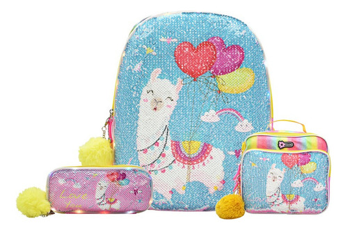 Mochila Lonchera Y Lapicera Llama Love You Lentejuela Reversible Con Luz Primaria Lluvia Color Rosa, Azul, Amarillo