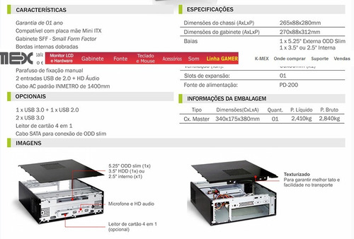 Gabinete K-mex Slim Mini Itx Gi-9d89 Com Fonte Pd-200