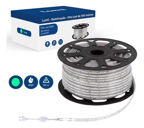 Mangueira Fita Led Chata Fixa 100m 127v Conector Tomada Brilho Decoraçao Cor Da Luz Verde Lumi 1ª Linha