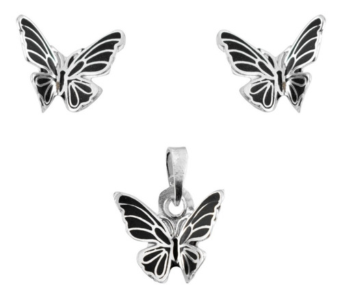 Aretes Y Dije De Plata Mariposas En Negro