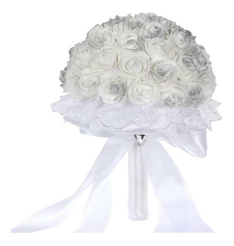 Imagen 2 de 10 de Ramo De Mano De Novia De Plástico Artificial, Rosa Blanca