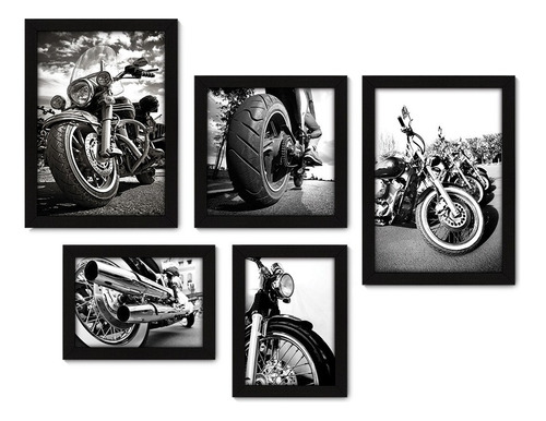 Kit Com 5 Quadros Decorativos - Motos Motocicletas Sala 239 Cor Moldura Preta