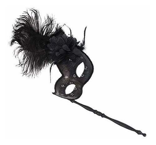 Feather Masquerade Mask With Stick Venetian Halloween Costum