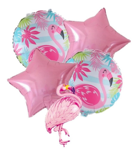 Set Globos Metalizados Flamenco + Estrellas + 42 Cm 5 Pzas 