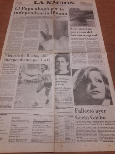 Tapa Diario La Nación 16 4 1990 Greta Garbo Racing Los Pumas