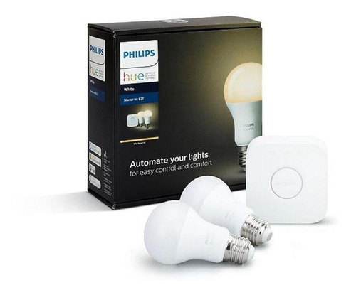 Kit 2 Focos Inteligentes Cálido Philips Hue E27 9w + Bridge