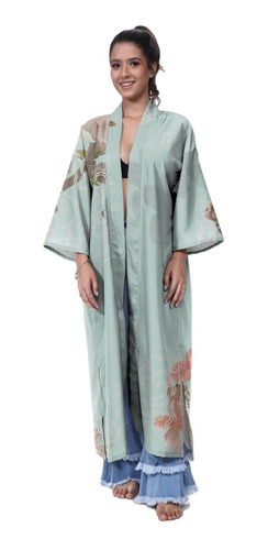 Kimono Haori Longo Oriental Dragão Oni Japonês Japão Carpa