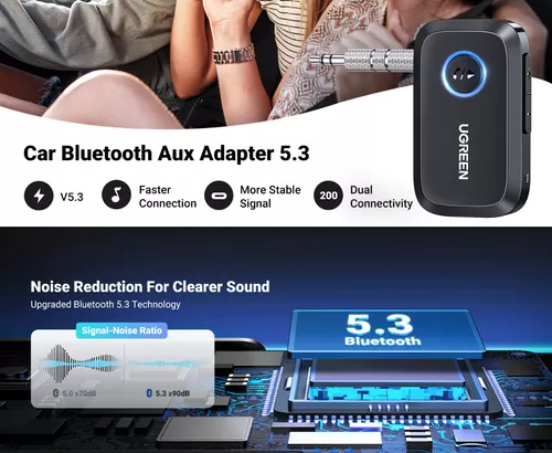 UGREEN Adaptador Bluetooth auxiliar 5.3 para coche, [mayor conexión]  Adaptador auxiliar Bluetooth para automóvil, Bluetooth aux para receptor de  audio