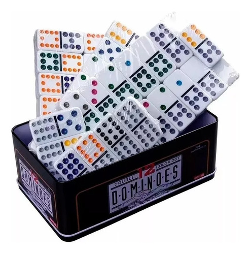 Domino 12 Jugadores Diseño Puntos Multicolor Caja Metálica