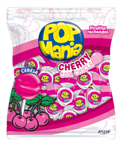 Pirulito Pop Mania Sabor De Cereja Recheio Chicle - 600g Com