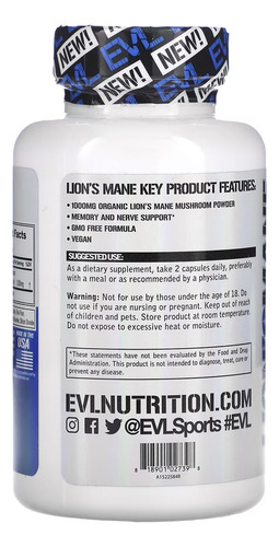EVLution Nutrition Melena de León 500mg x 60 unid. USA Antioxidante Sistema Imunológico