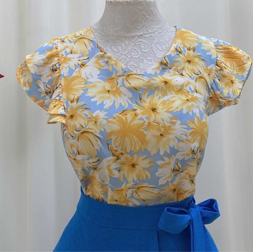 Imagem 2 de 6 de Blusa Feminina Com Mangas Azul Florida Amarelo