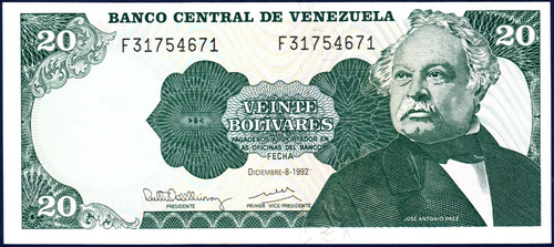 Billete 20 Bolívares F8 Diciembre 8 1992 José Antonio Páez