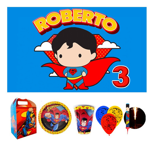 Superman 20 Niños Fiesta Vasos Platos Dulceros Globos Lona