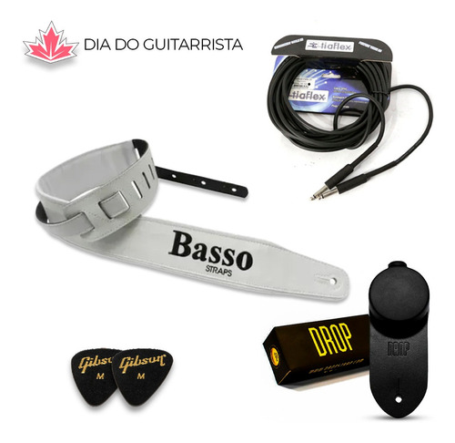 Correia Basso Couro Branco White + 2 Palhetas + Cabo + Drop