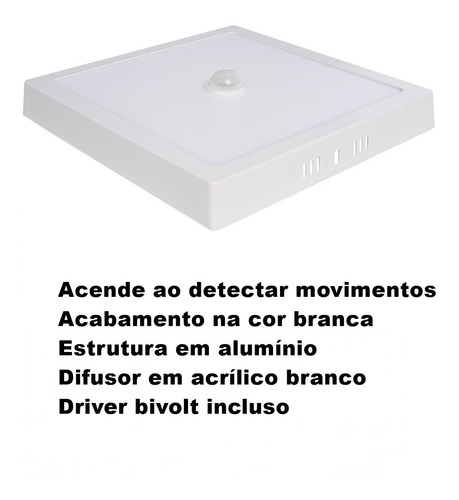 Imagem 2 de 7 de Plafon De Sobrepor Com Sensor Presença 18w Quadrado 6500k