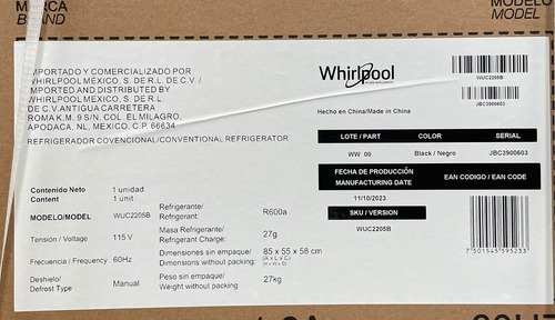 Frigobar Whirlpool Wuc2205b 128 L / 5 Pies Cúbicos Negro