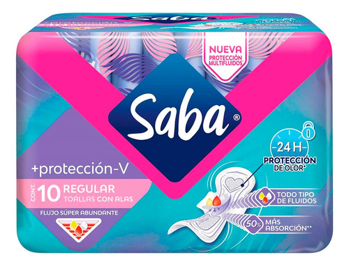 Toalla Femenina Saba Extra Protección Regular Paquete con 10 Toallas