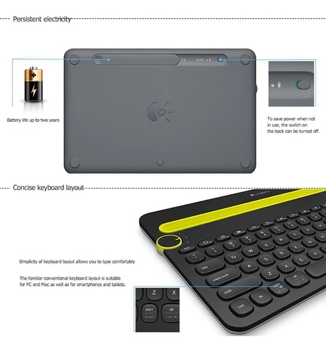 Teclado Bluetooth Logitech K480 para vários dispositivos, teclado Epa, cor preta