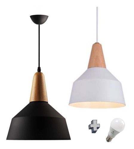 Lampara Led + Colgante Metal Y Madera Diseño Moderno Mas Led