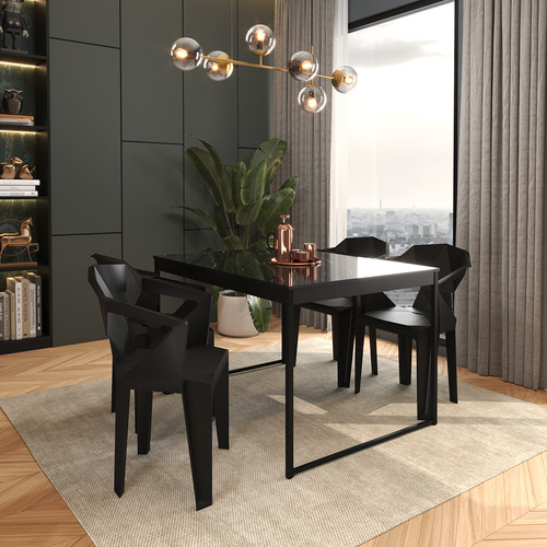Conjunto De Jantar Industrial Com Mesa 120x90cm Tampo Mármore Preto E 4 Cadeiras Pretas Geométricas