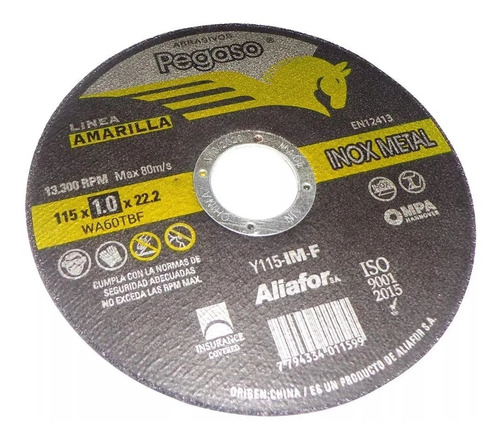 Disco Corte Aliafor Pegaso Inox Metal, 115x1,6x22  X Unidad
