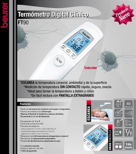 Imagen 4 de 4 de Termómetro Sin Contacto Digital Clínico Beurer Ft90