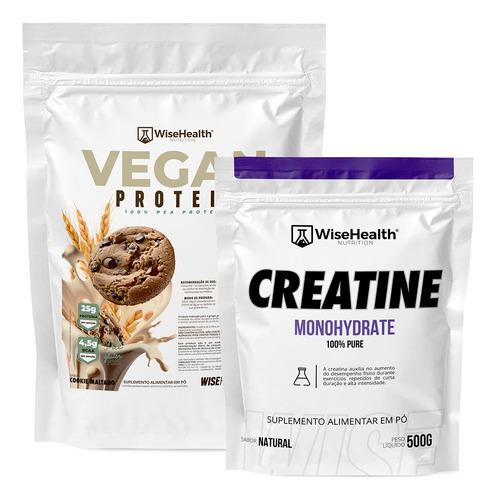 Kit Creatina 500g com Vegan Protein sabor Cookie Maltado 837g Wisehealth